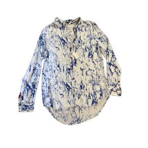Lemlem Hana Blue white marbled pattern 100% Silk blouse sz small